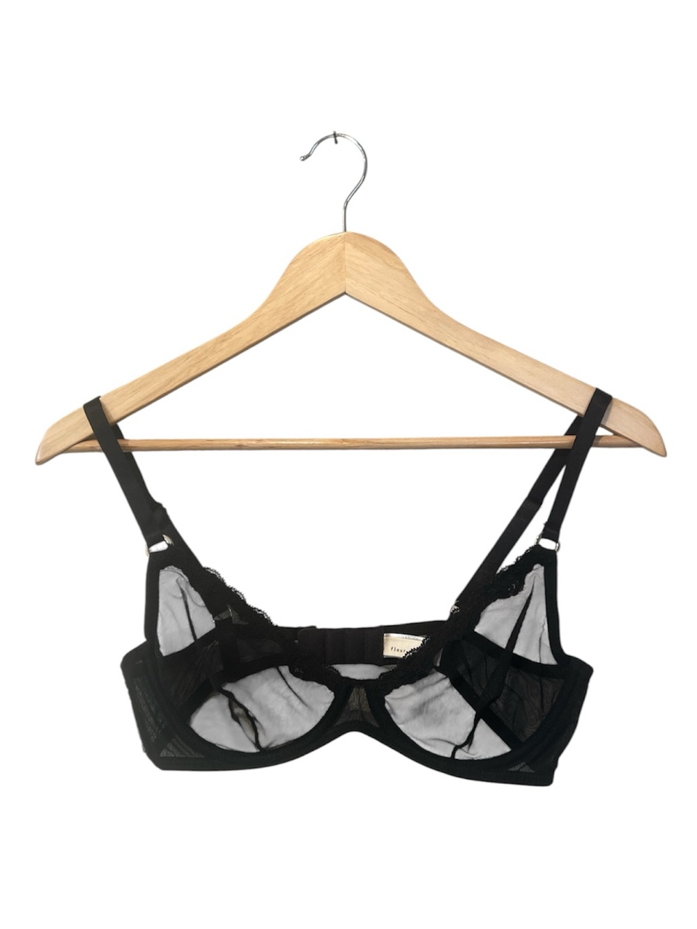 Fleur du Mal Black Sheer Mesh Underwire Bra Lace Trim Unlined Balconette 34C